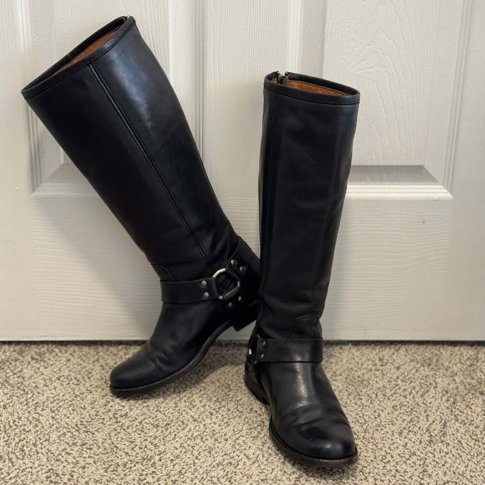 Frye Black Leather Harness Knee-High Combat Boots